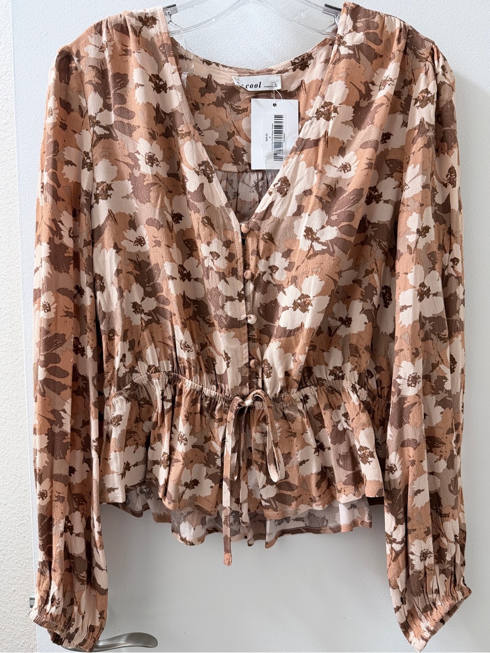 BE COOL Tan and Cream Floral Drawstring Peplum Blouse